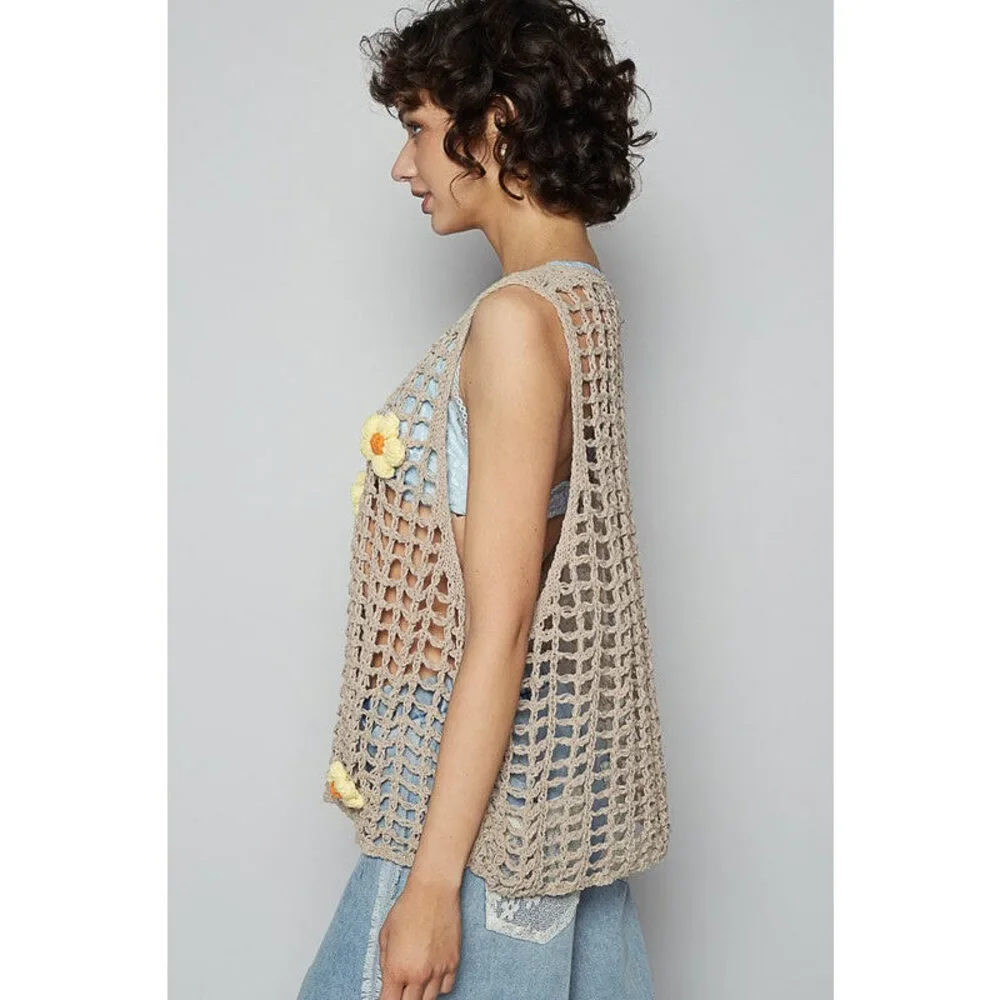POL Flower Crochet Scoop Neck Sleeveless Knit Cover Up - Picture 4 of 5